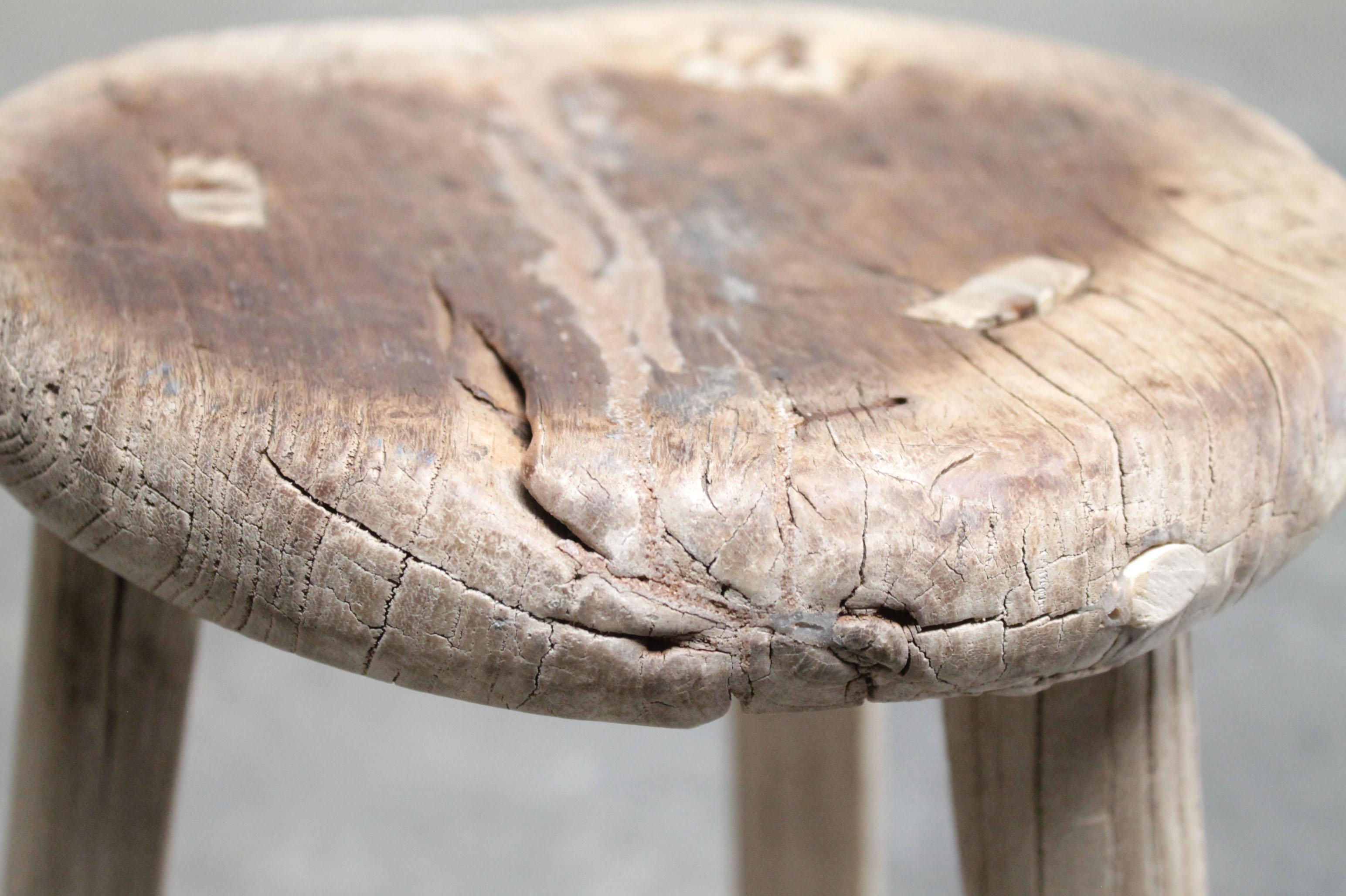 Antique Vintage Elm Wood Round Stool In Good Condition In Brea, CA