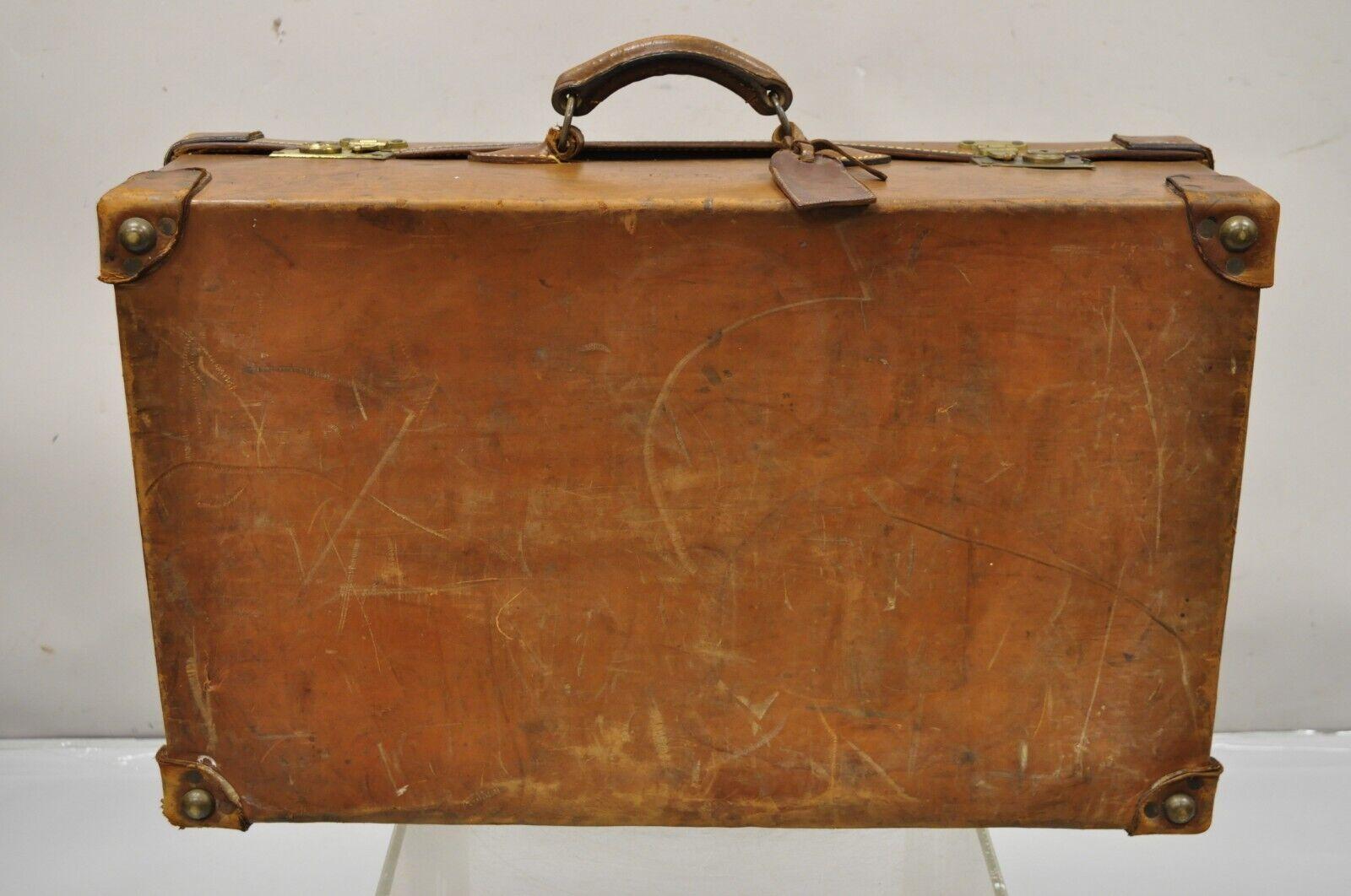 Antique Vintage English Brown Leather 28” Suitcase Trunk Hard Luggage For Sale 1