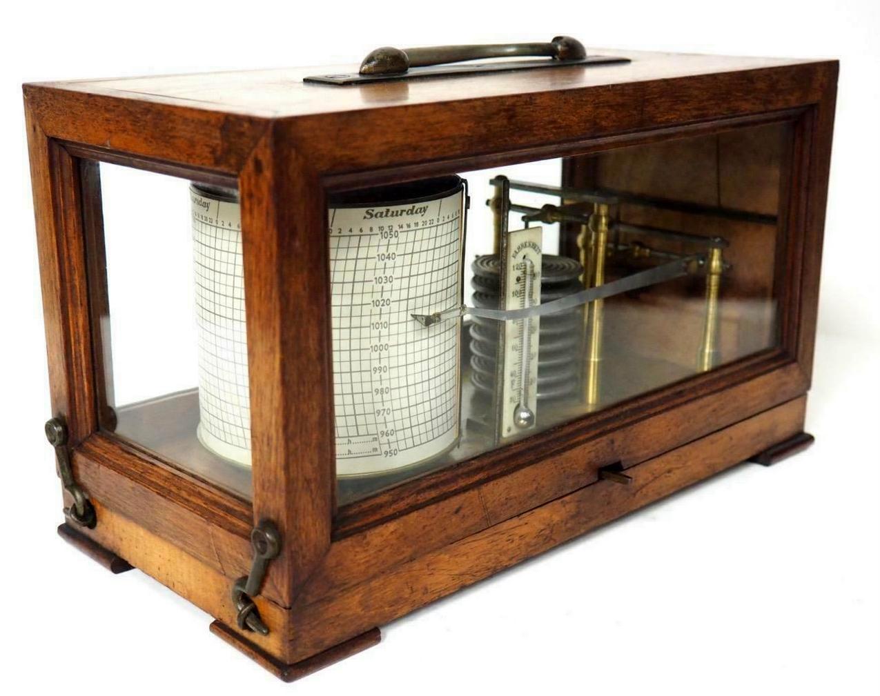 Superb well grained polished oak hinged lid glazed cased English Barograph scientific weather machine of exceptional quality, of traditional rectangular form. Last quarter of the Nineteenth Century, could be a little later. 

The original glazed