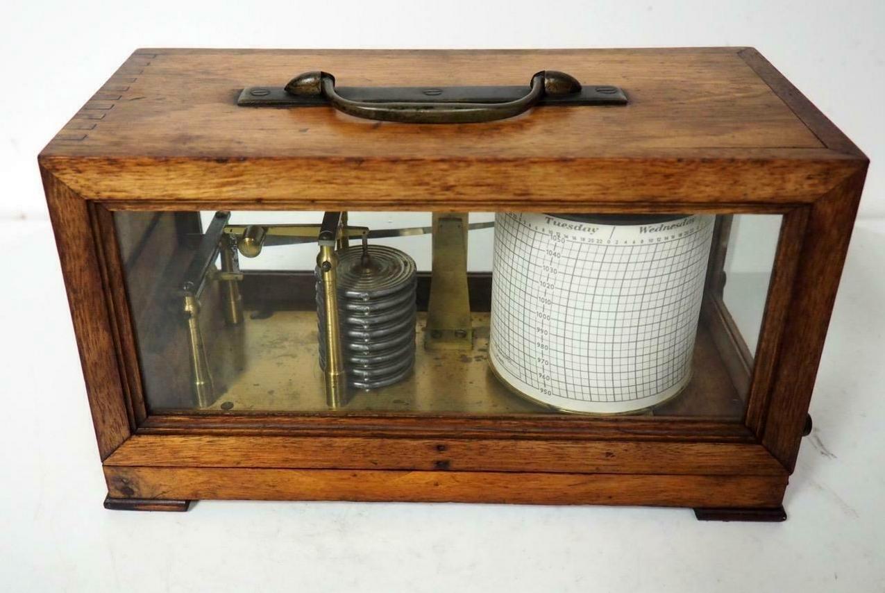 19th Century Antique Vintage English Carved Oak Cased Barograph Scientific Weather Machine