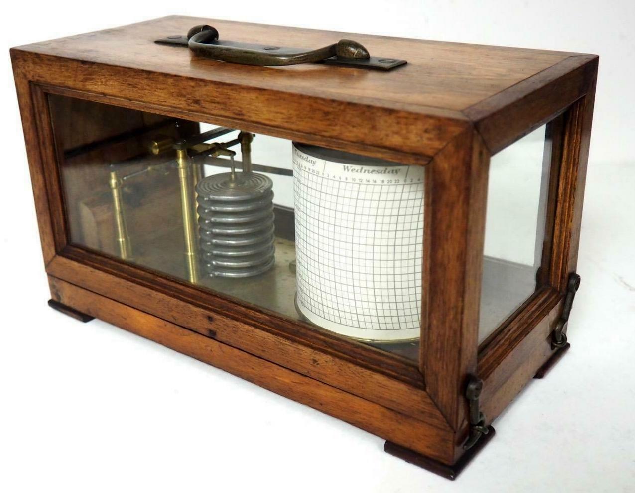 Brass Antique Vintage English Carved Oak Cased Barograph Scientific Weather Machine