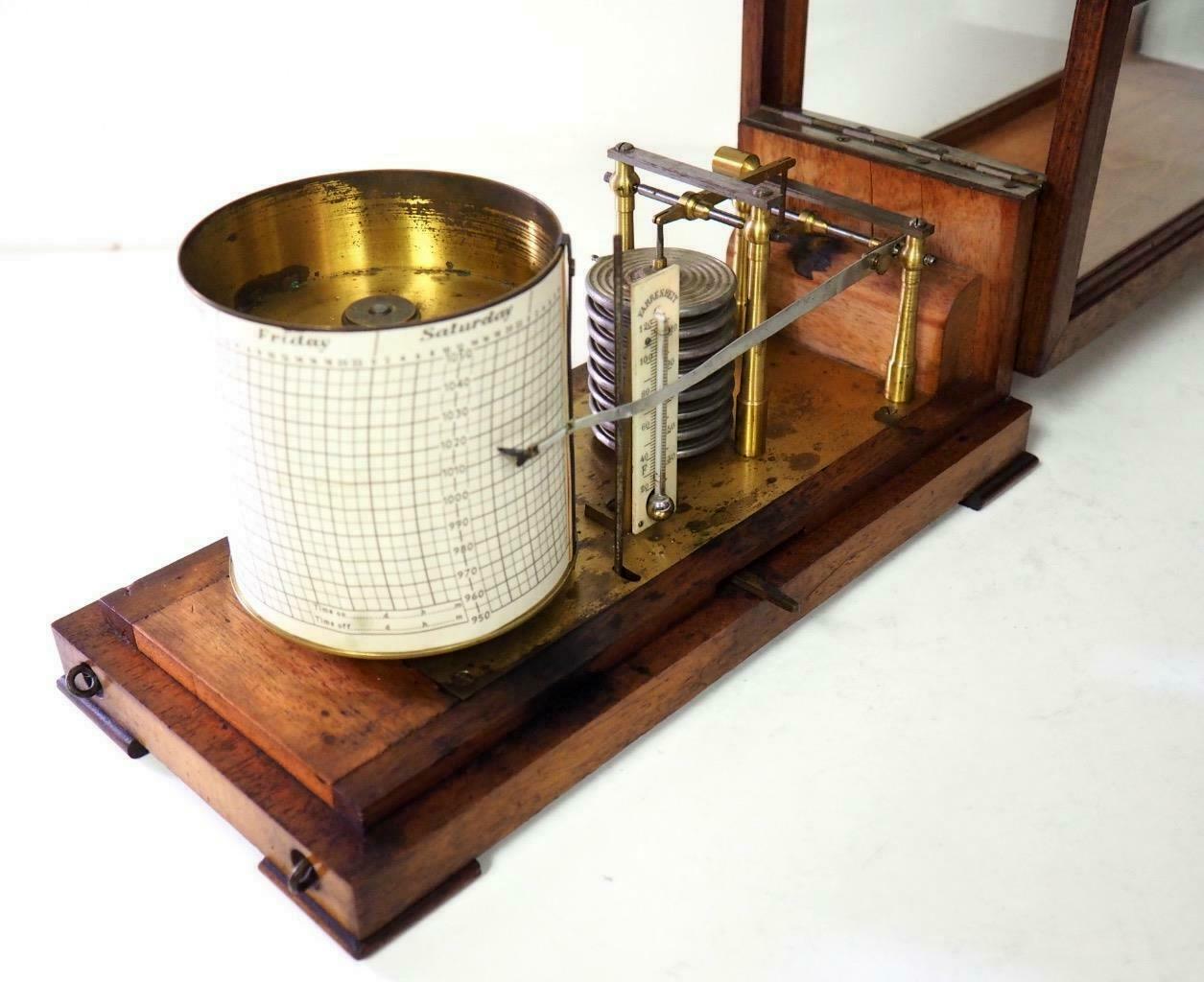 Antique Vintage English Carved Oak Cased Barograph Scientific Weather Machine 2