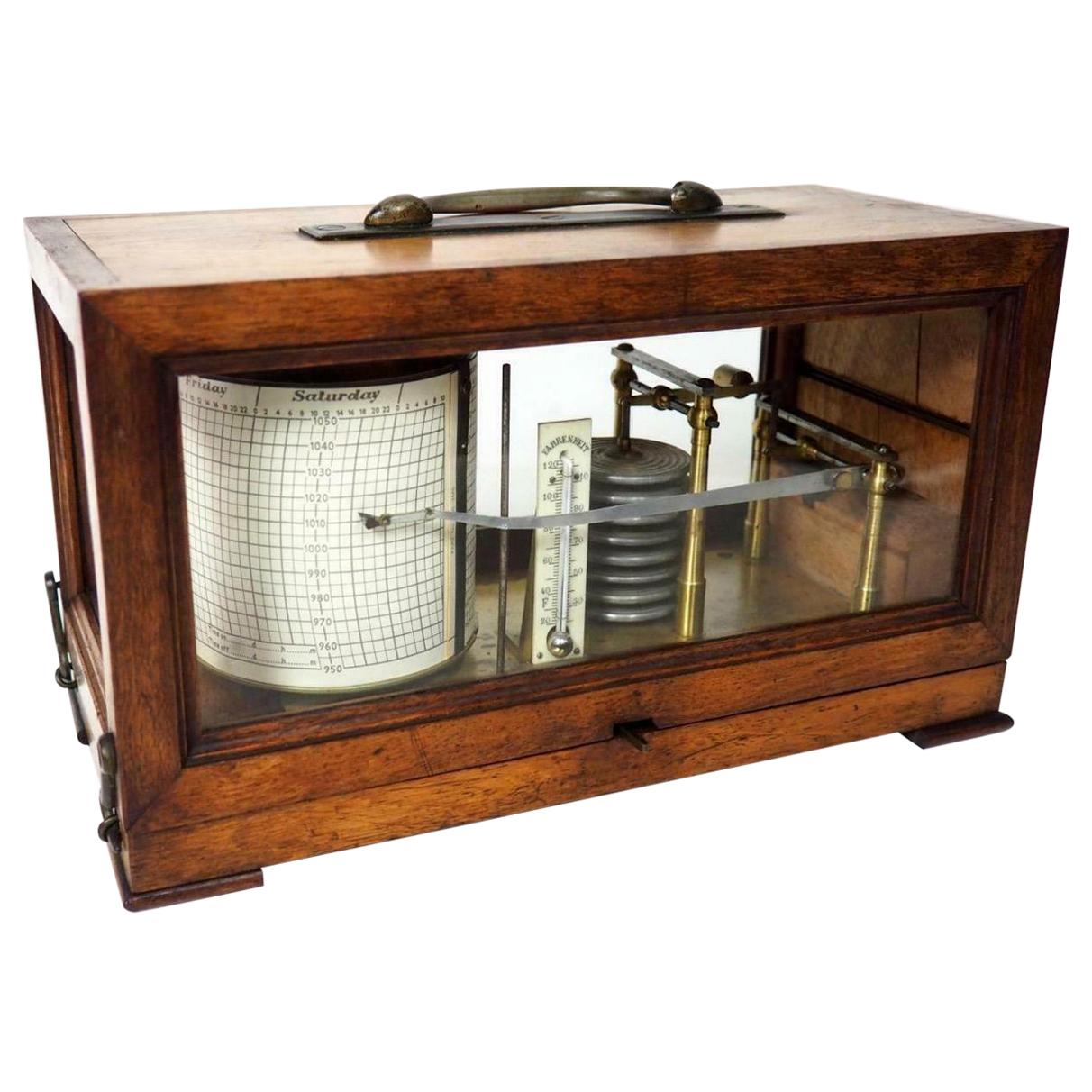Antique Vintage English Carved Oak Cased Barograph Scientific Weather Machine