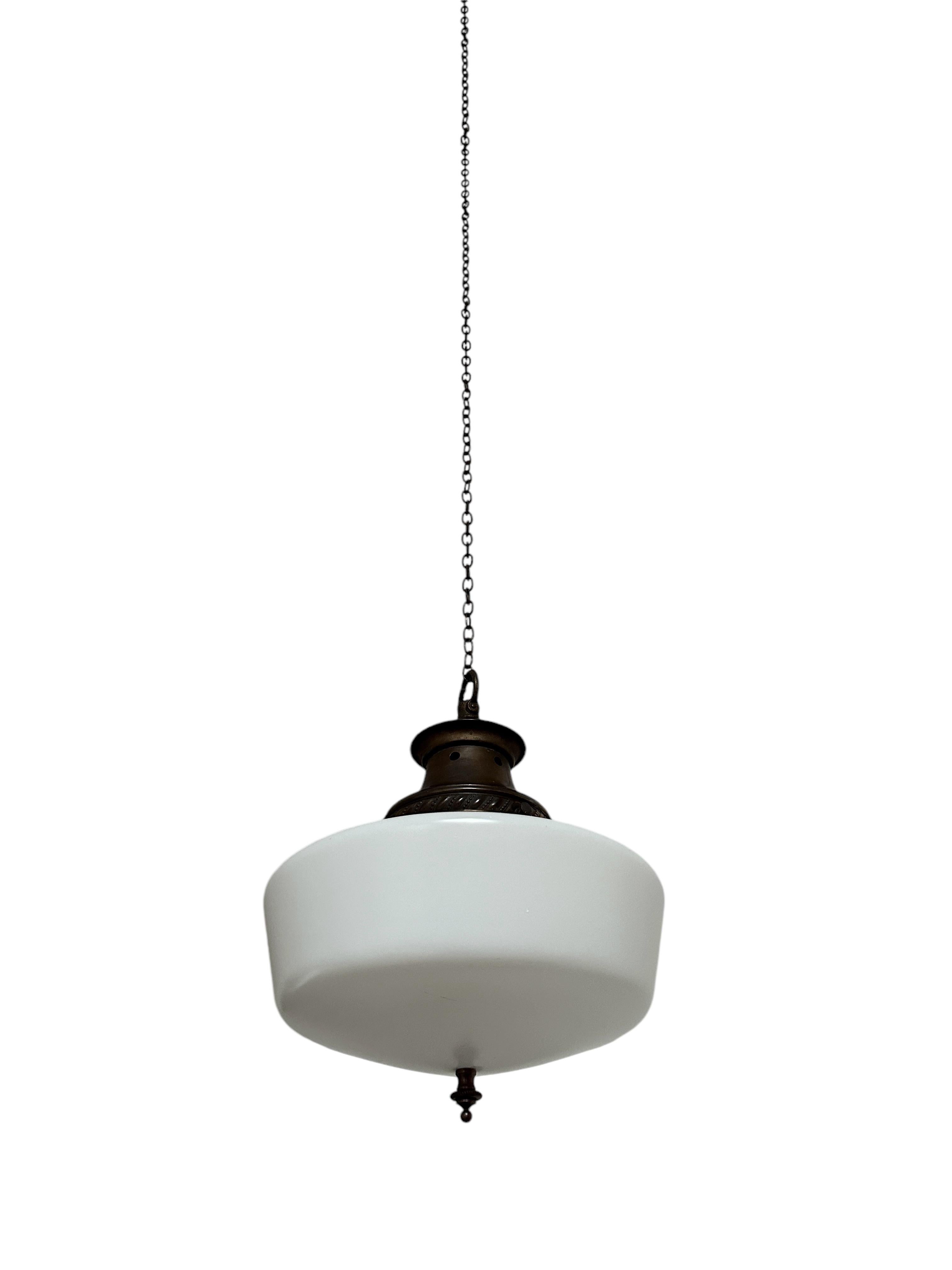 20th Century Antique Vintage English Church Opaline Milk Glass Ceiling Pendant Light Lamp For Sale
