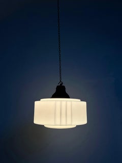 Antique Vintage English Church Stepped Satin Opaline Ceiling Pendant Light Lamp