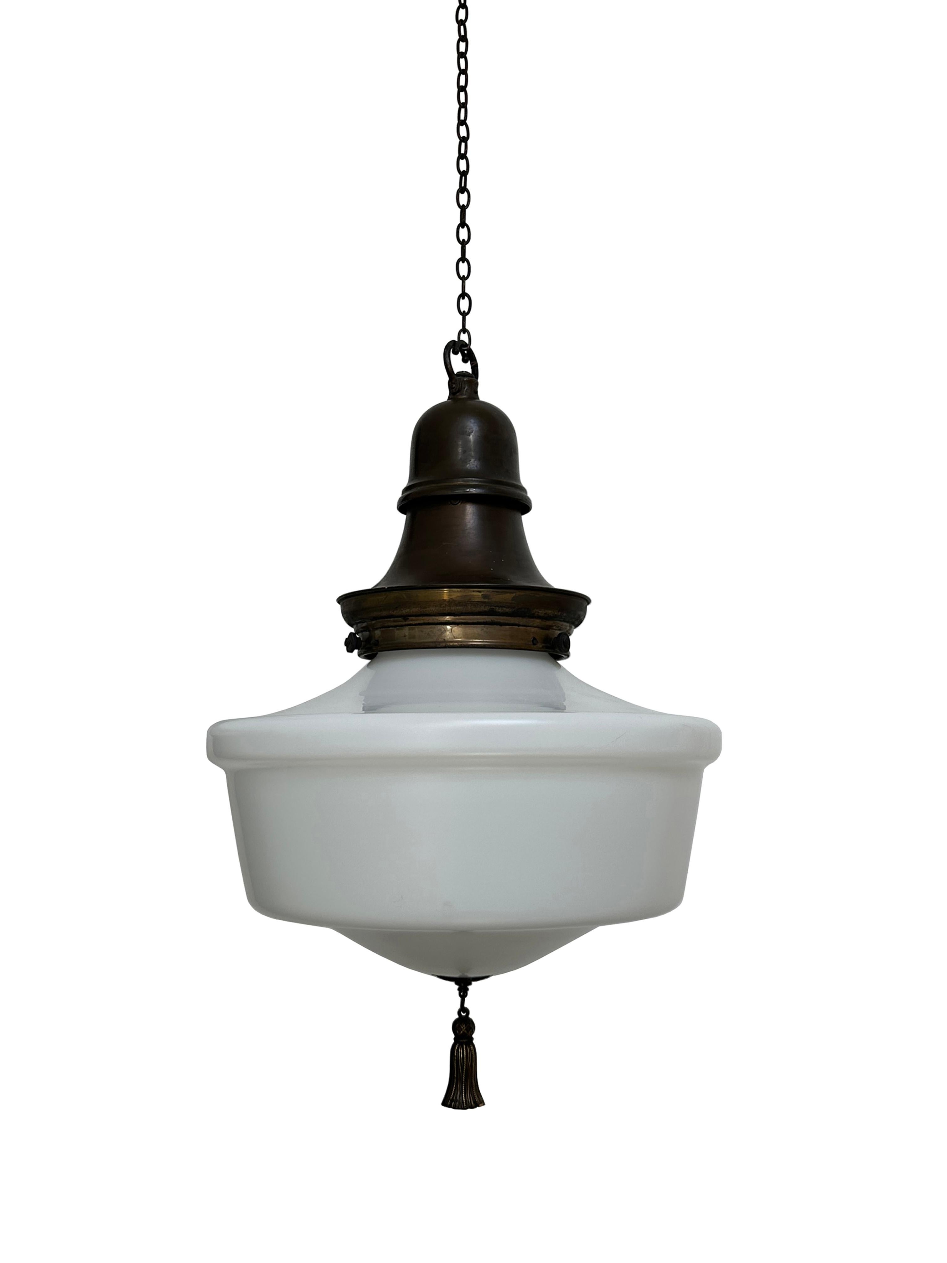 Antique Vintage English Satin Opaline Milk Glass Ceiling Pendants With Finials In Good Condition In Sale, GB
