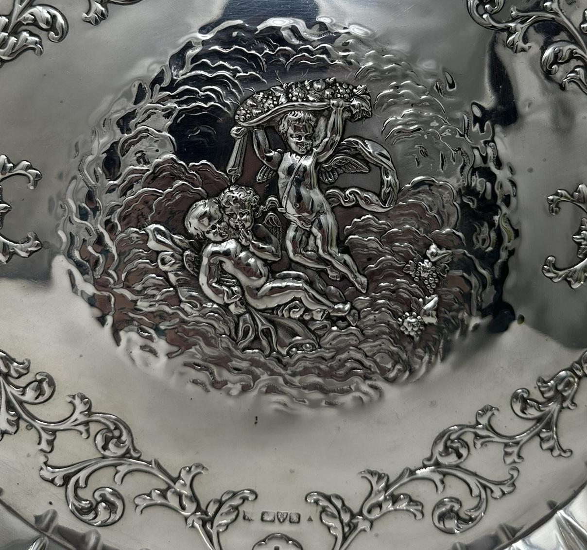 Antiguo Vintage Inglés Plata de Ley Camarero Carta Bandeja 1902 Querubines principios del siglo XX en venta
