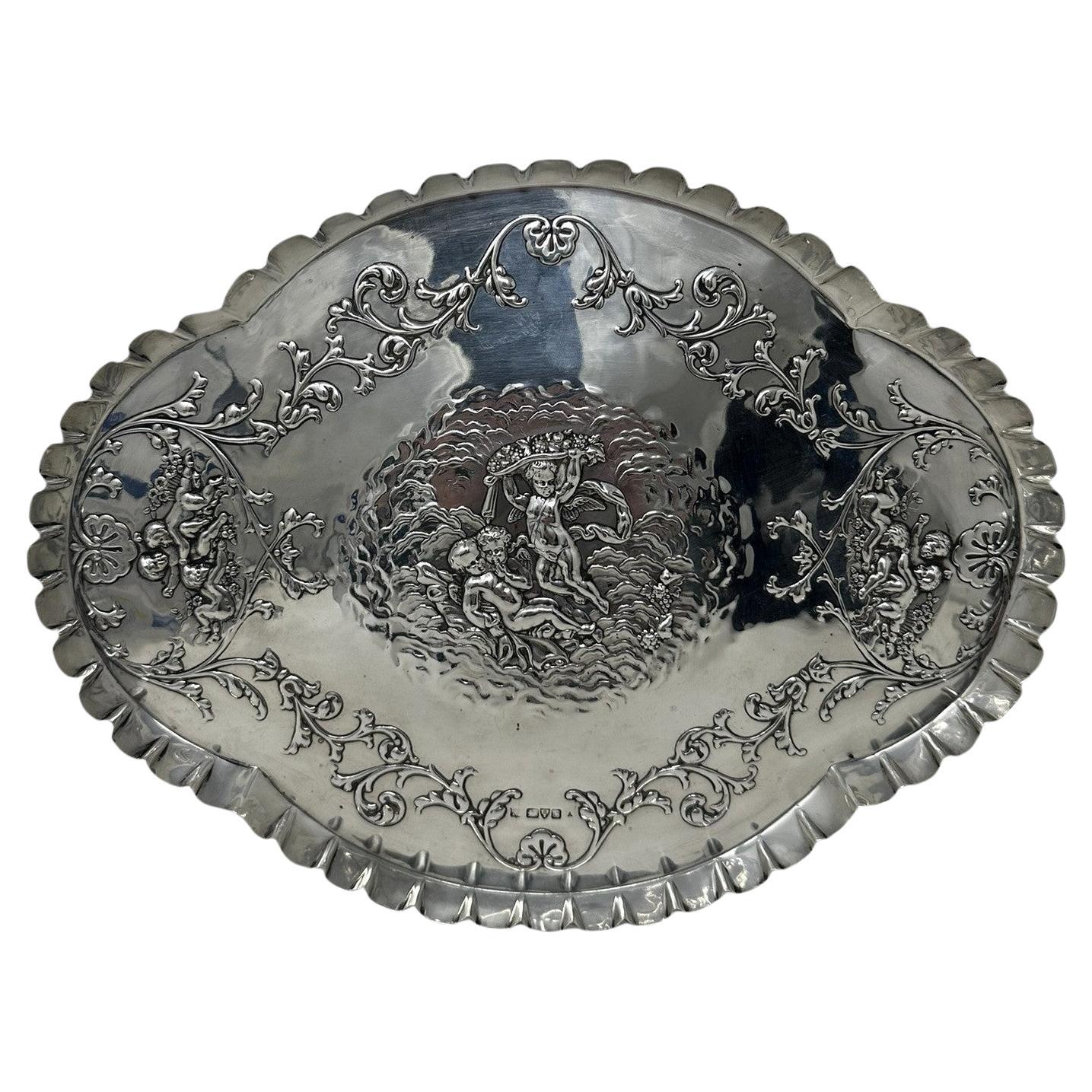 Antiguo Vintage Inglés Plata de Ley Camarero Carta Bandeja 1902 Querubines en venta
