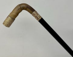 Antique Vintage English Walking Stick Cane Wooden Gold Plated Cow Horn Handle