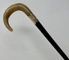 Antique Vintage English Walking Stick Cane Wooden Gold Plated Cow Horn Handle