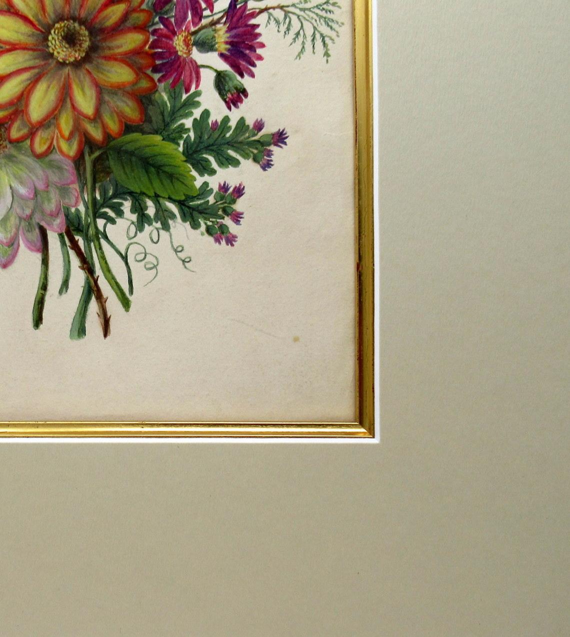19th Century Antique Vintage English Watercolor Painting Still Life of Flowers Gilt