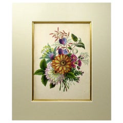 Antique Vintage English Watercolor Painting Still Life of Flowers Gilt