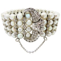 Antique Vintage Estate 14 Karat White Gold Art Deco Pearl and Diamond Bracelet