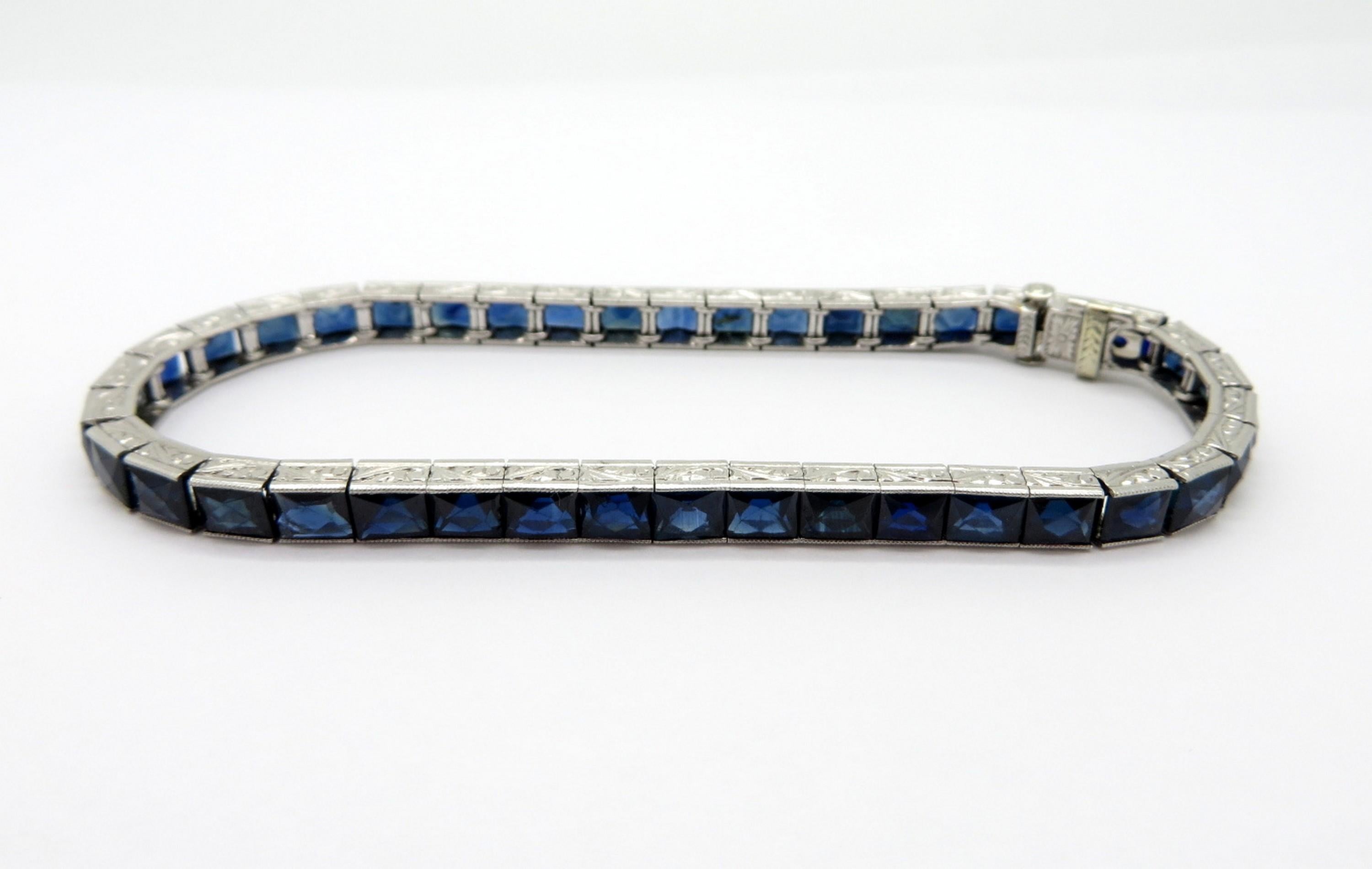 Antique Vintage Estate Art Deco Style French Cut Sapphire Tennis Bracelet In Excellent Condition In Scottsdale, AZ