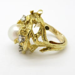 Antique Vintage Estate Bamboo Motif Pearl and Diamond 18 Karat Yellow Gold Ring