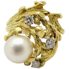 Vintage Vintage Estate Bamboo Motif Pearl and Diamond 18 Karat Yellow Gold Ring