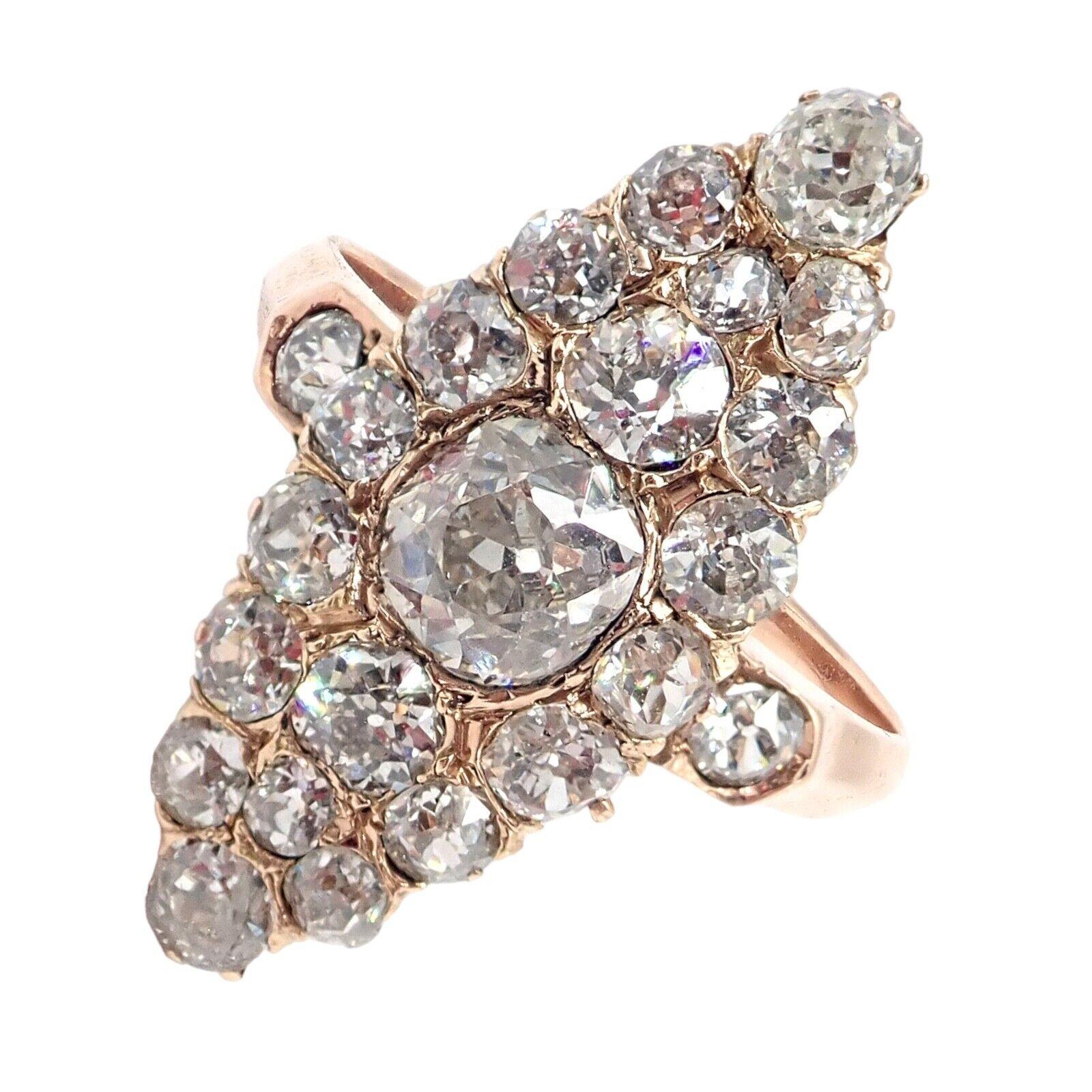 Antique Vintage Estate 18k Rose Gold 4ct Total Weight Old Miner Diamond Ring.
Authentic antique vintage 18k rose gold ring. 
Center stone is old miner cut diamond est 0.80ct. Accented with 3ct in old miner diamonds.
With Center Diamond - Old Miner