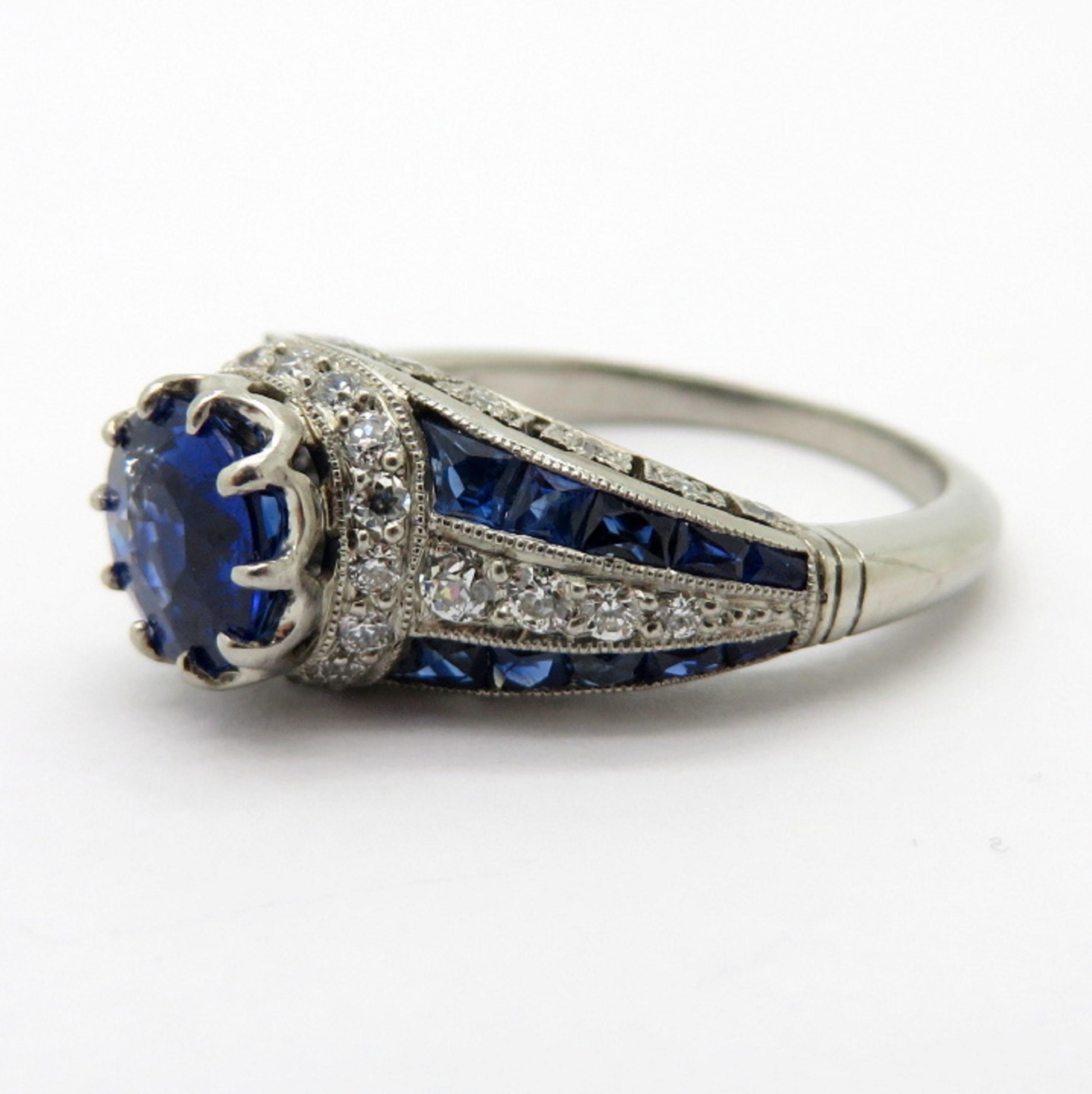 Antique Vintage Estate Platinum Art Deco Old European Diamond and Sapphire Ring In Excellent Condition In Scottsdale, AZ