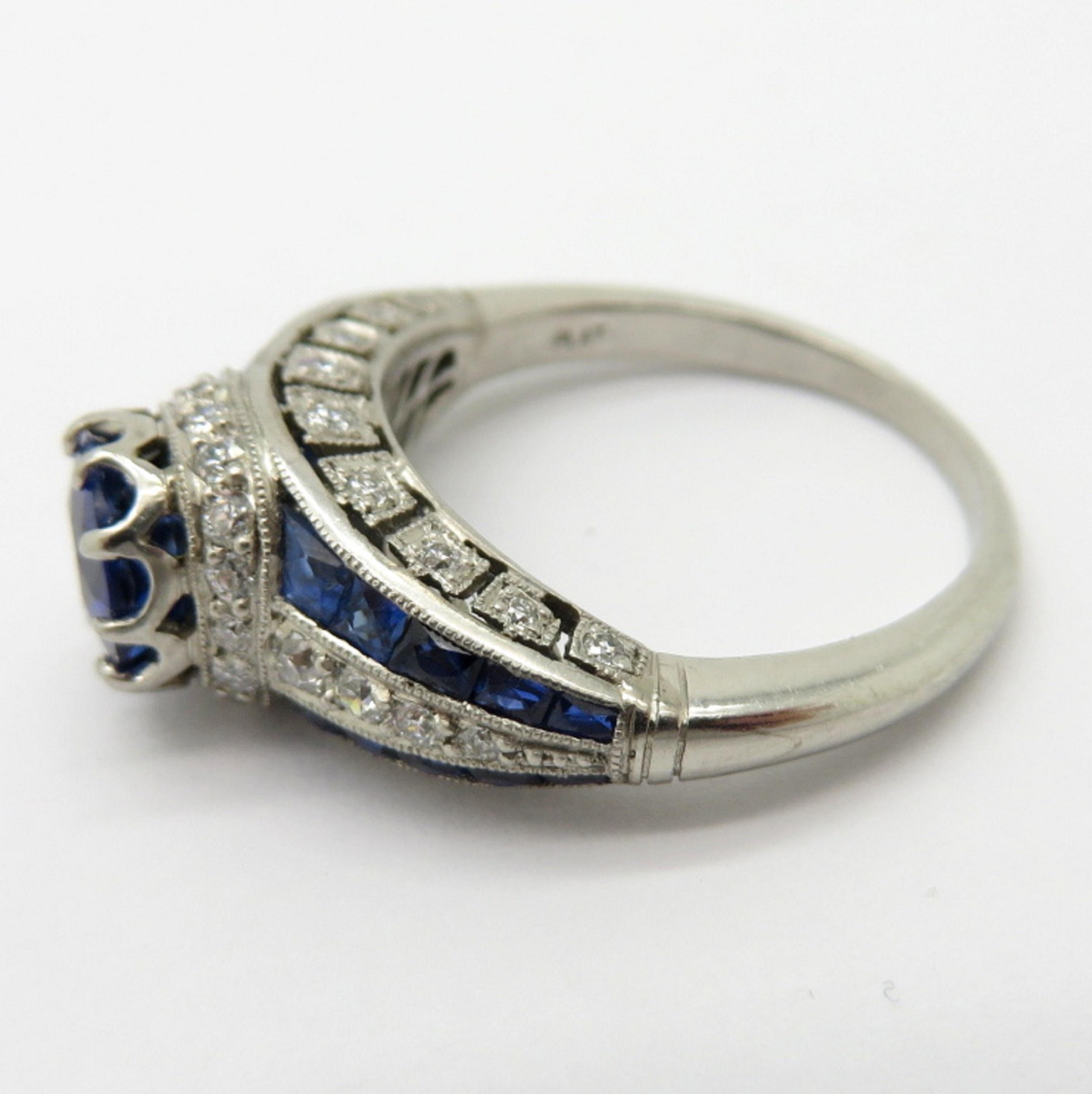 Women's Antique Vintage Estate Platinum Art Deco Old European Diamond and Sapphire Ring