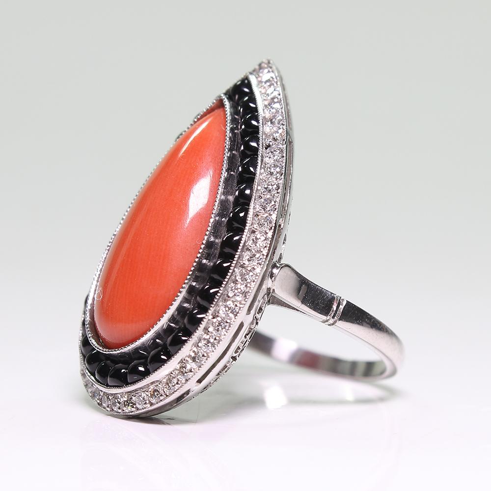 Pear Cut Antique Vintage Estate Platinum Coral Diamond and Onyx Ring For Sale