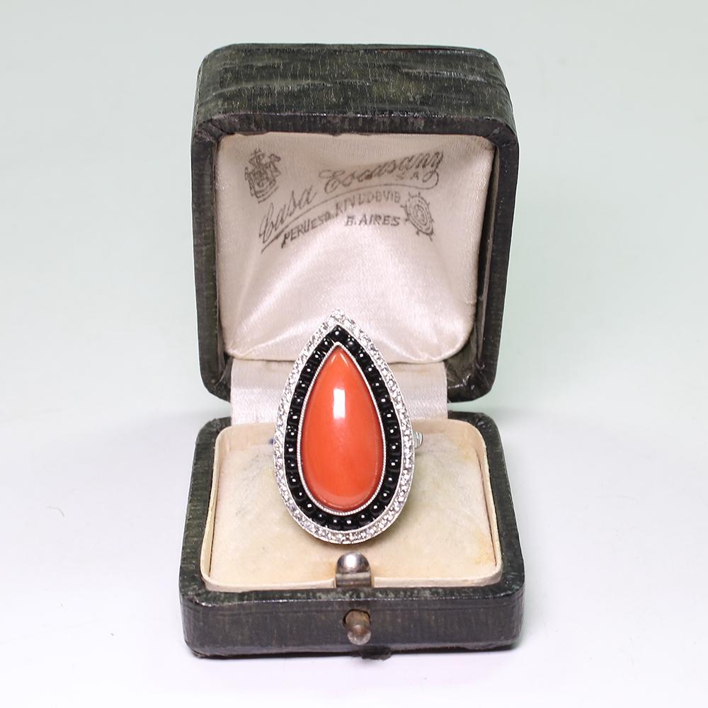 Women's Antique Vintage Estate Platinum Coral Diamond and Onyx Ring For Sale