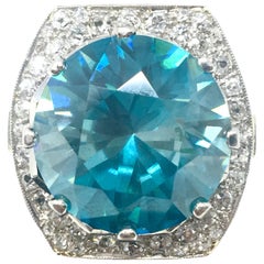 Antique Vintage Estate Platinum Round Blue Zircon and Diamond Ring 20 Carats