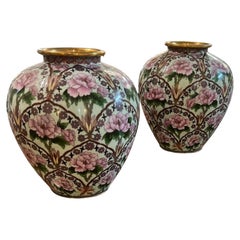 Pair of Antique Vintage Floral Brass Closionne Enameled Urn