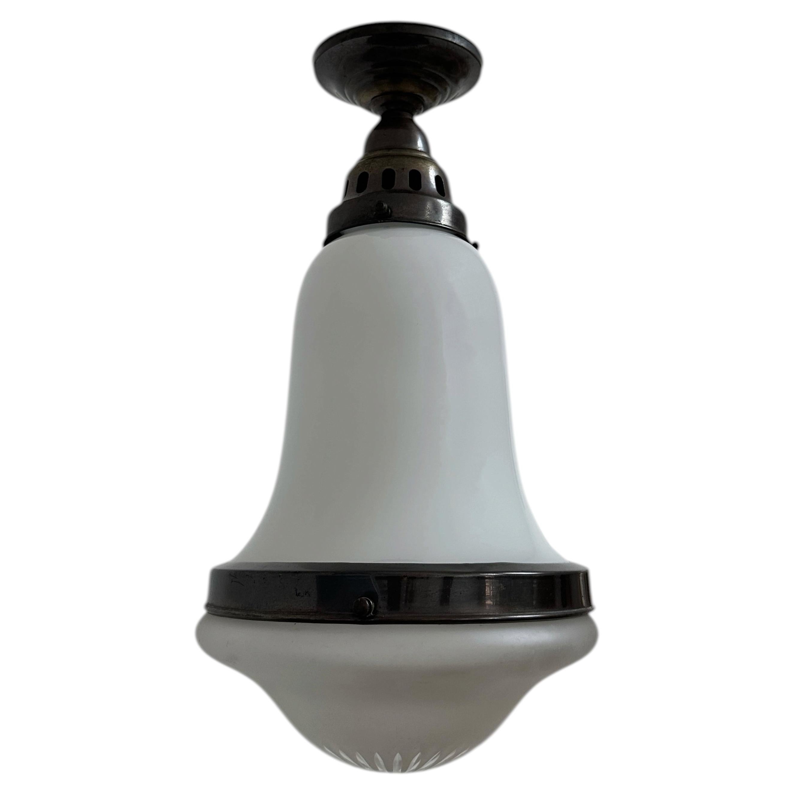 Antique Vintage Flush Mounted Opaline Milk Cut Glass Ceiling Pendant Light Lamp