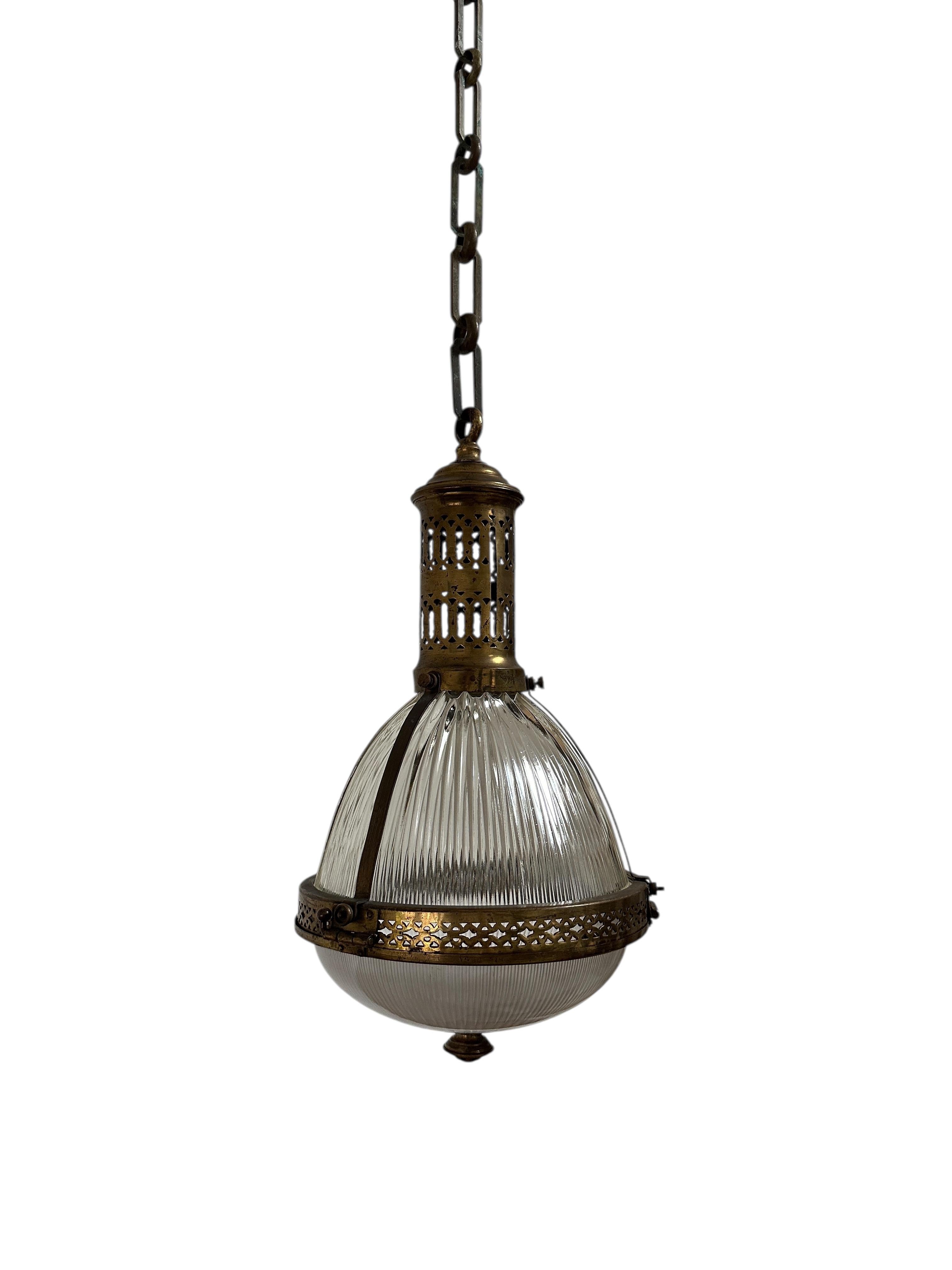 Antique Vintage French Brass Caged Holophane Glass Ceiling Pendant Light Lamp In Good Condition For Sale In Sale, GB