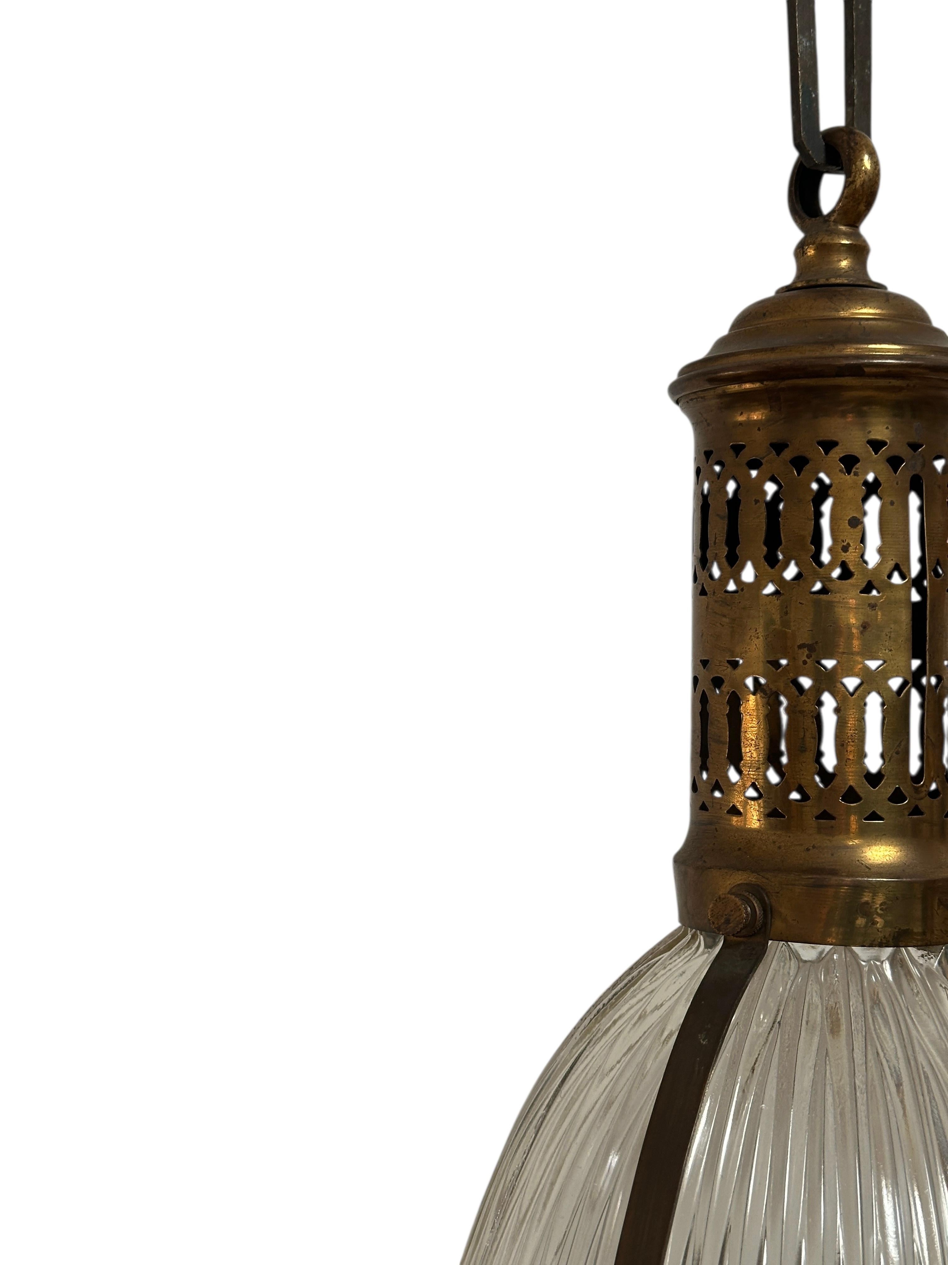 20th Century Antique Vintage French Brass Caged Holophane Glass Ceiling Pendant Light Lamp For Sale