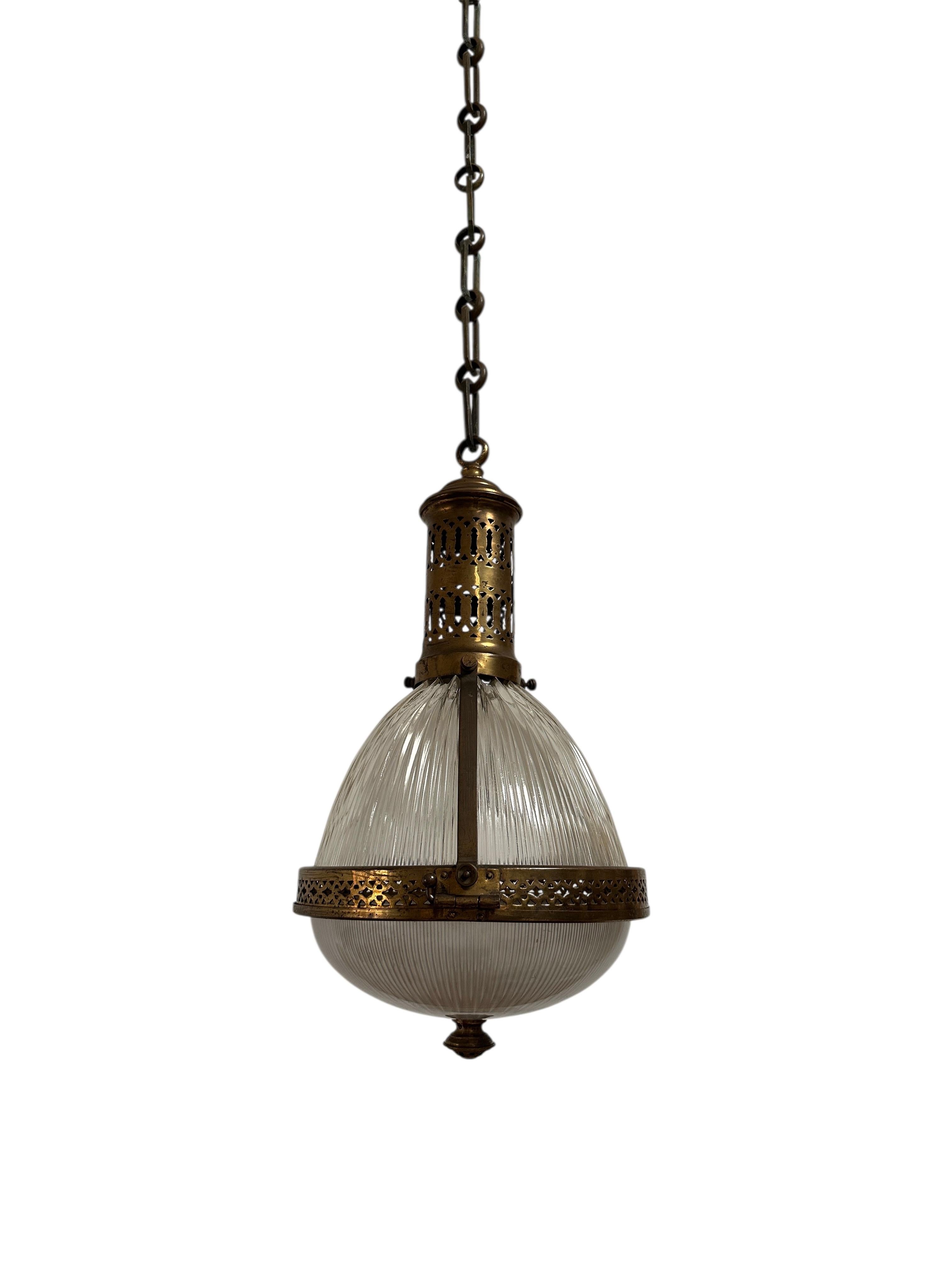 Antique Vintage French Brass Caged Holophane Glass Ceiling Pendant Light Lamp For Sale 2