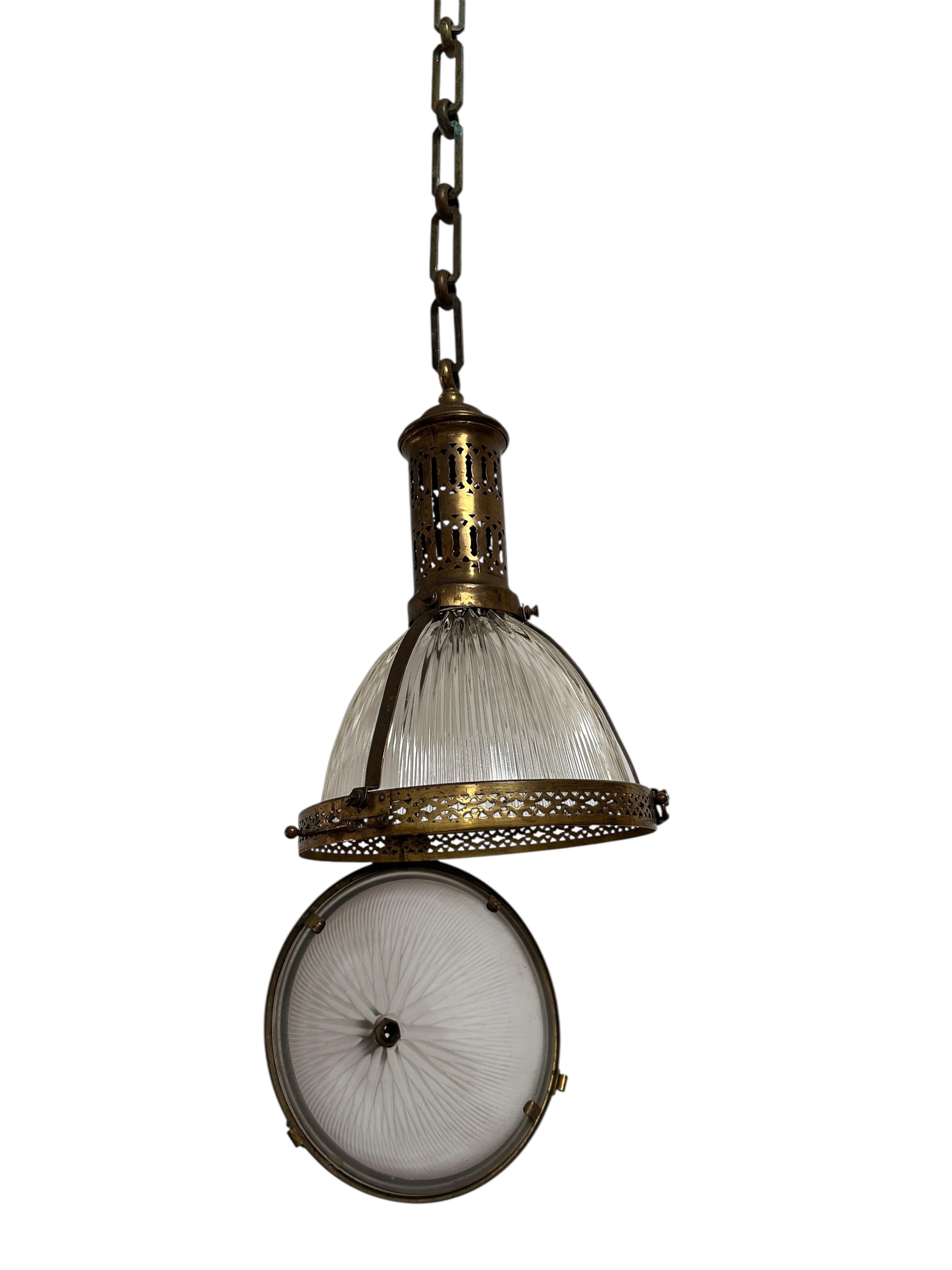 Antique Vintage French Brass Caged Holophane Glass Ceiling Pendant Light Lamp For Sale 3