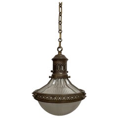 Antique Vintage French Brass Caged Holophane Glass Ceiling Pendant Light Lamp
