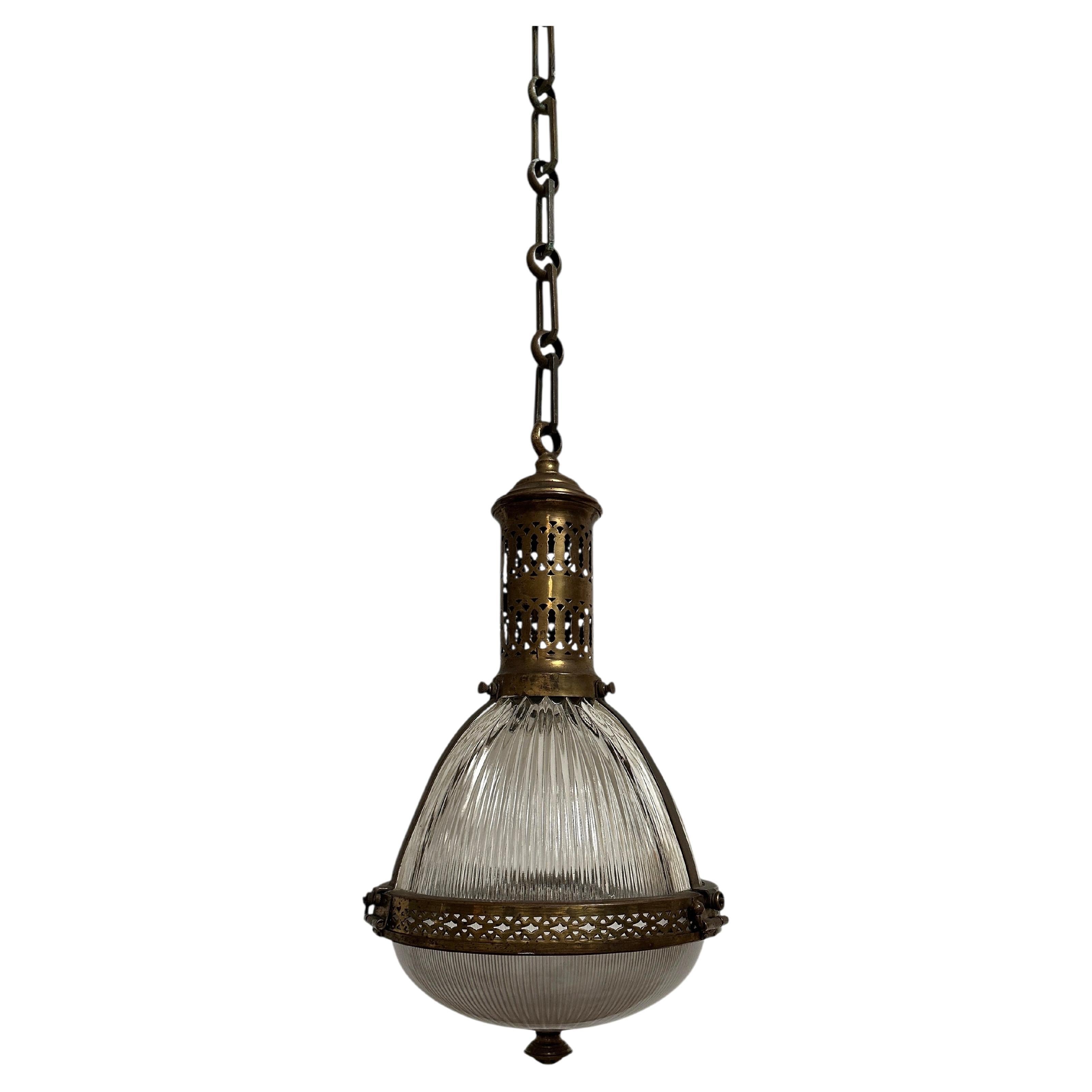 Antique Vintage French Brass Caged Holophane Glass Ceiling Pendant Light Lamp For Sale
