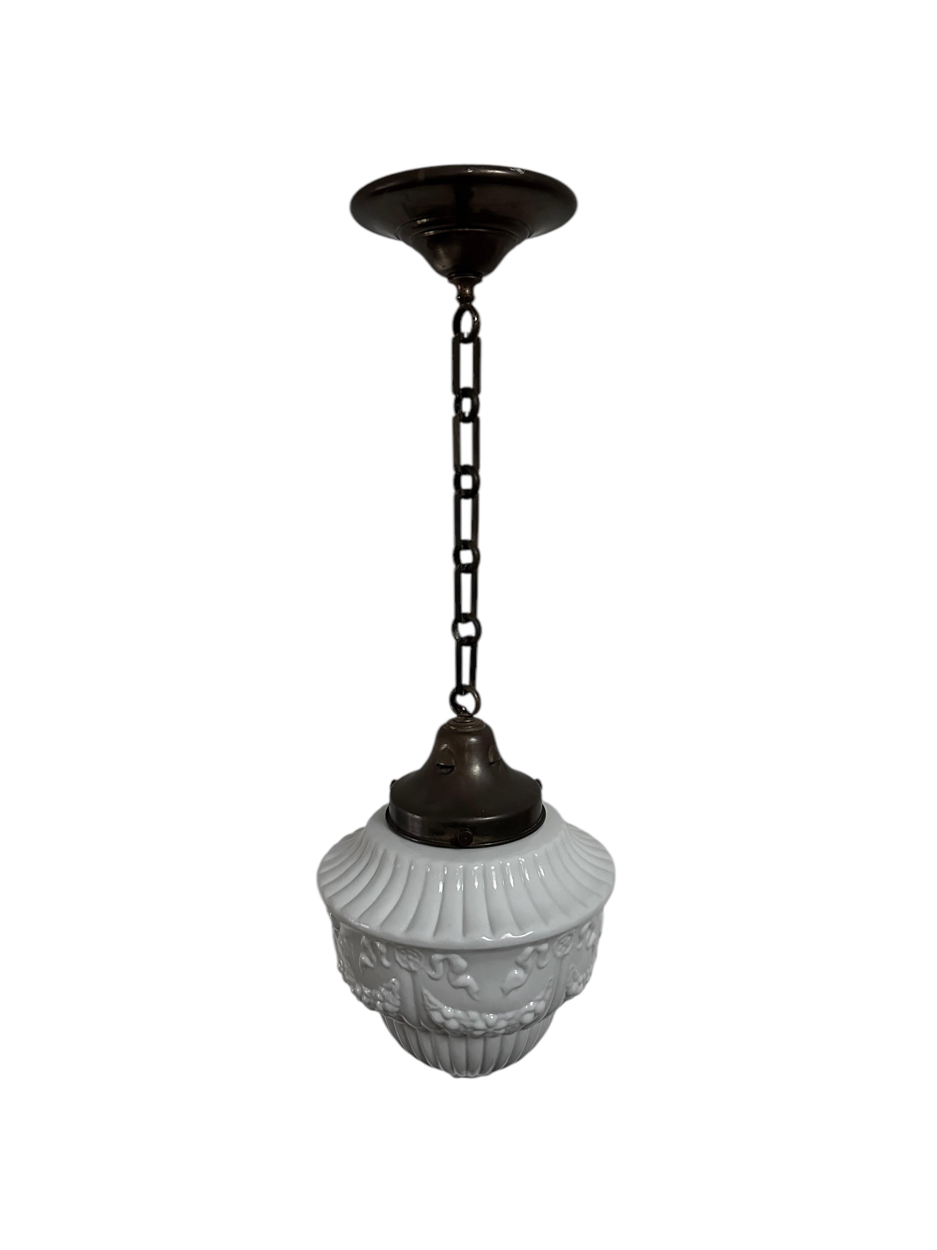 20th Century Antique Vintage French Brass Opaline Milk Glass Ceiling Pendant Light Lamp For Sale