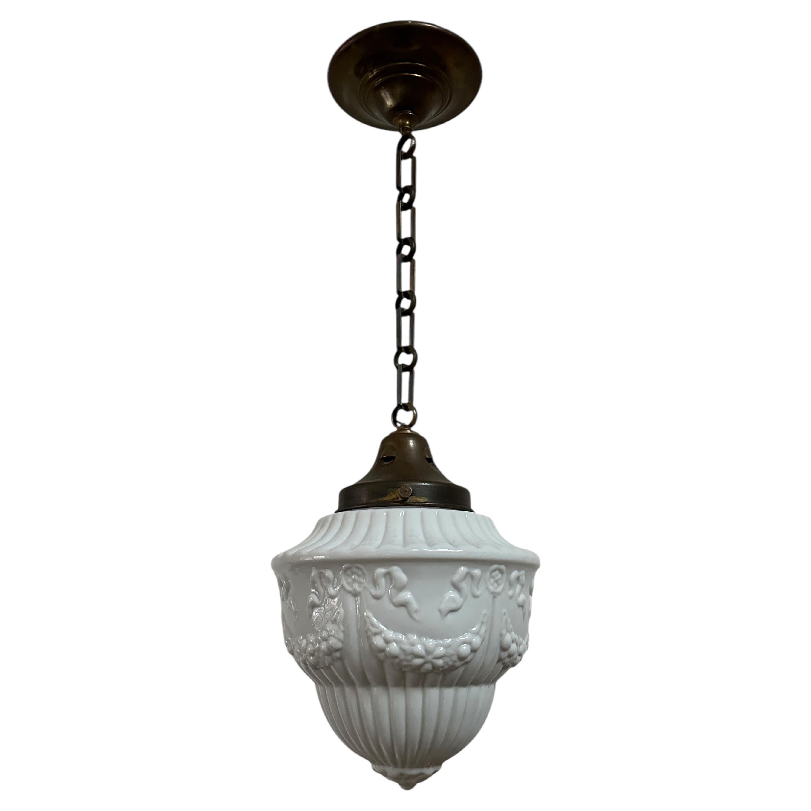 Antique Vintage French Brass Opaline Milk Glass Ceiling Pendant Light Lamp
