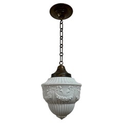 Antique Vintage French Brass Opaline Milk Glass Ceiling Pendant Light Lamp