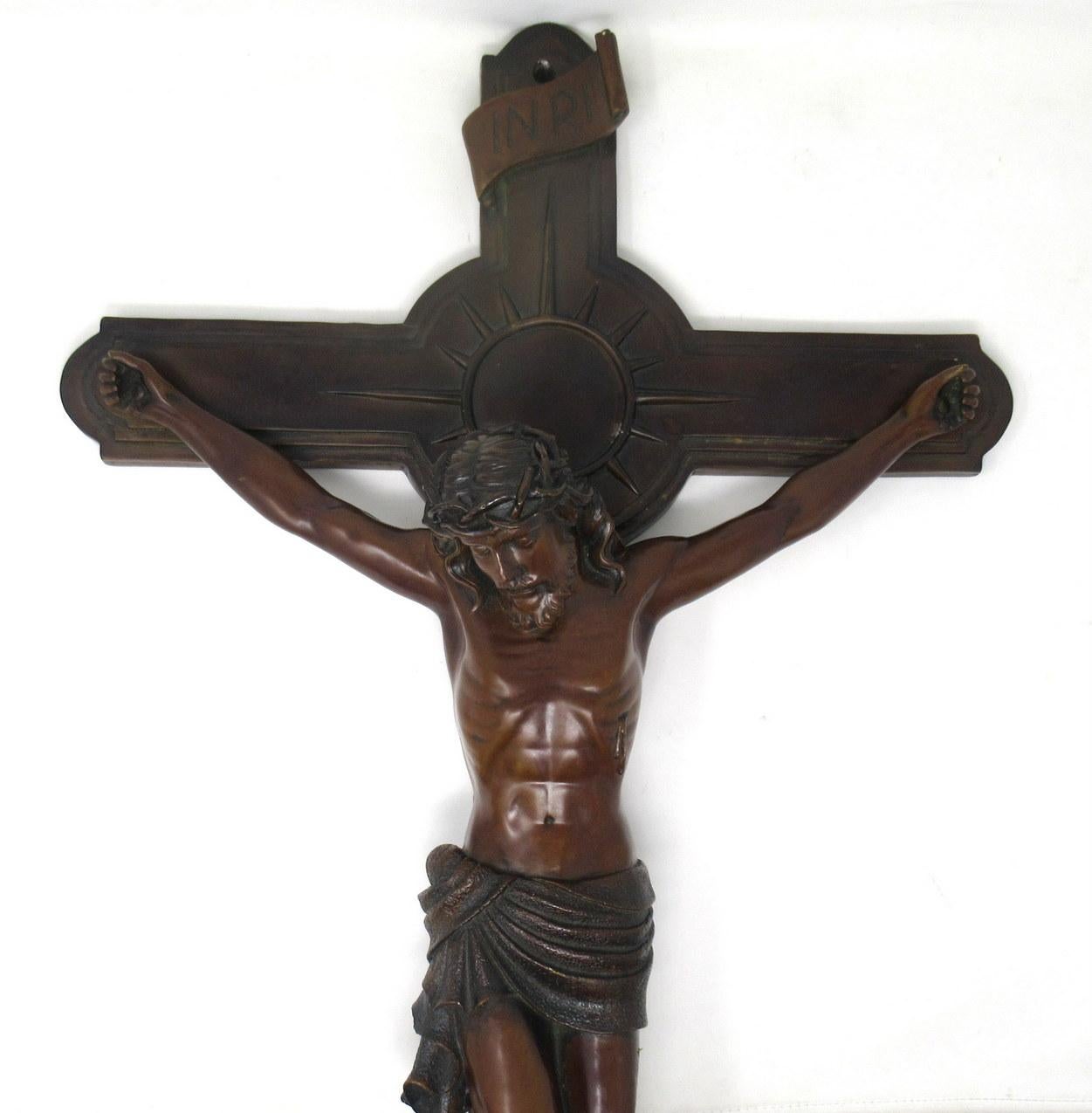 Victorian Antique Vintage French Bronze Religious Holy Crucifix Jesus Christ Cross INRI