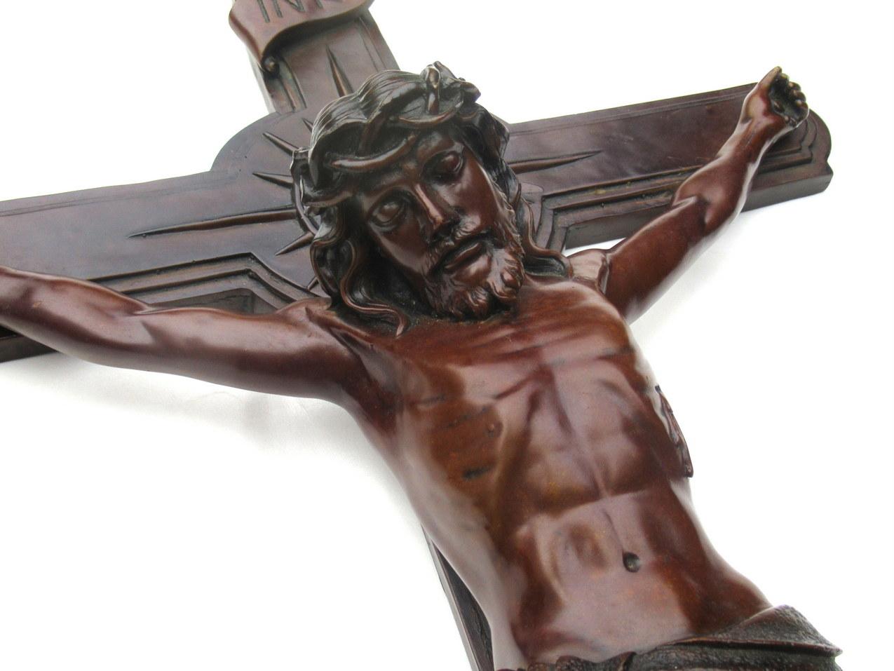 Cast Antique Vintage French Bronze Religious Holy Crucifix Jesus Christ Cross INRI