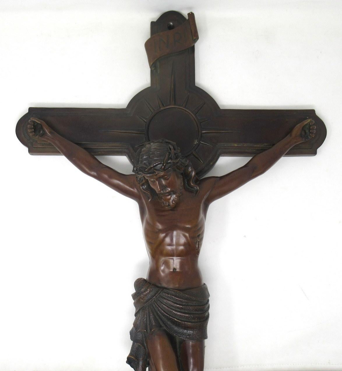 Antique Vintage French Bronze Religious Holy Crucifix Jesus Christ Cross INRI 1