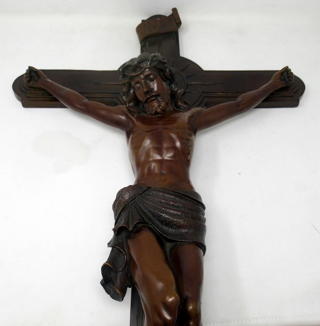 Antique Vintage French Bronze Religious Holy Crucifix Jesus Christ Cross INRI 2