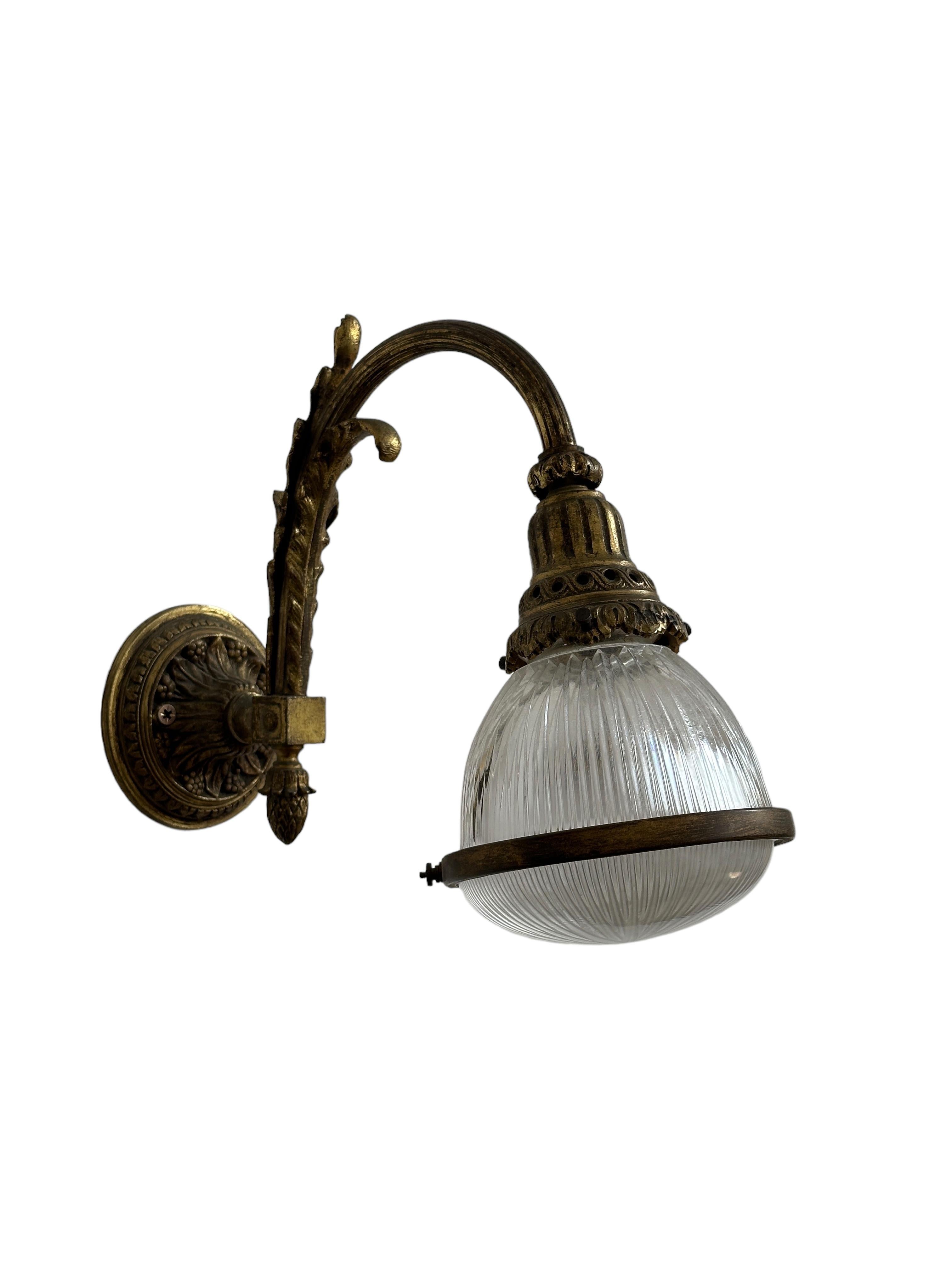 Pair Antique Vintage French Caged Gilt Bronze Holophane Wall Light Lamp Sconces In Good Condition For Sale In Sale, GB