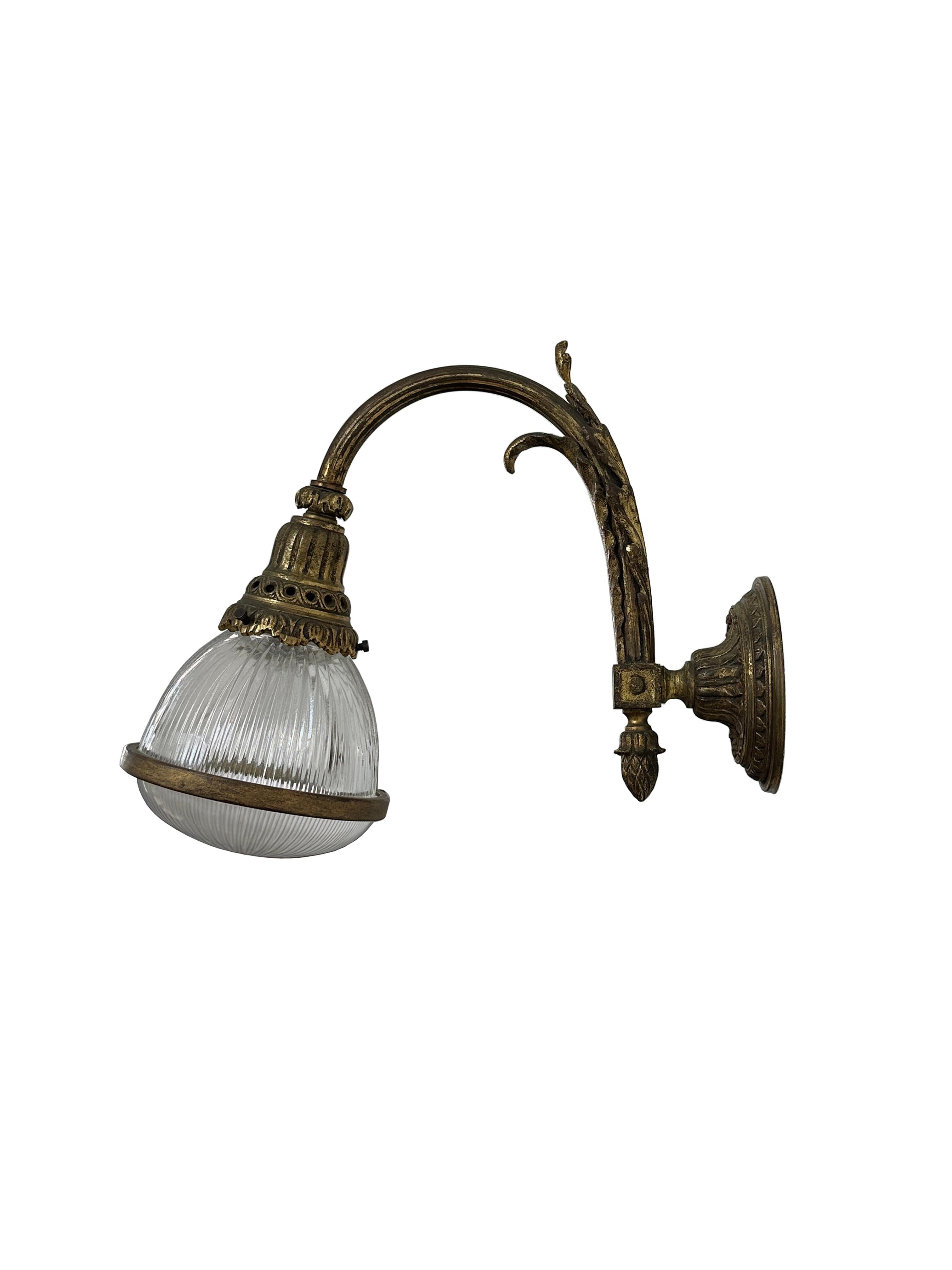 Glass Pair Antique Vintage French Caged Gilt Bronze Holophane Wall Light Lamp Sconces For Sale