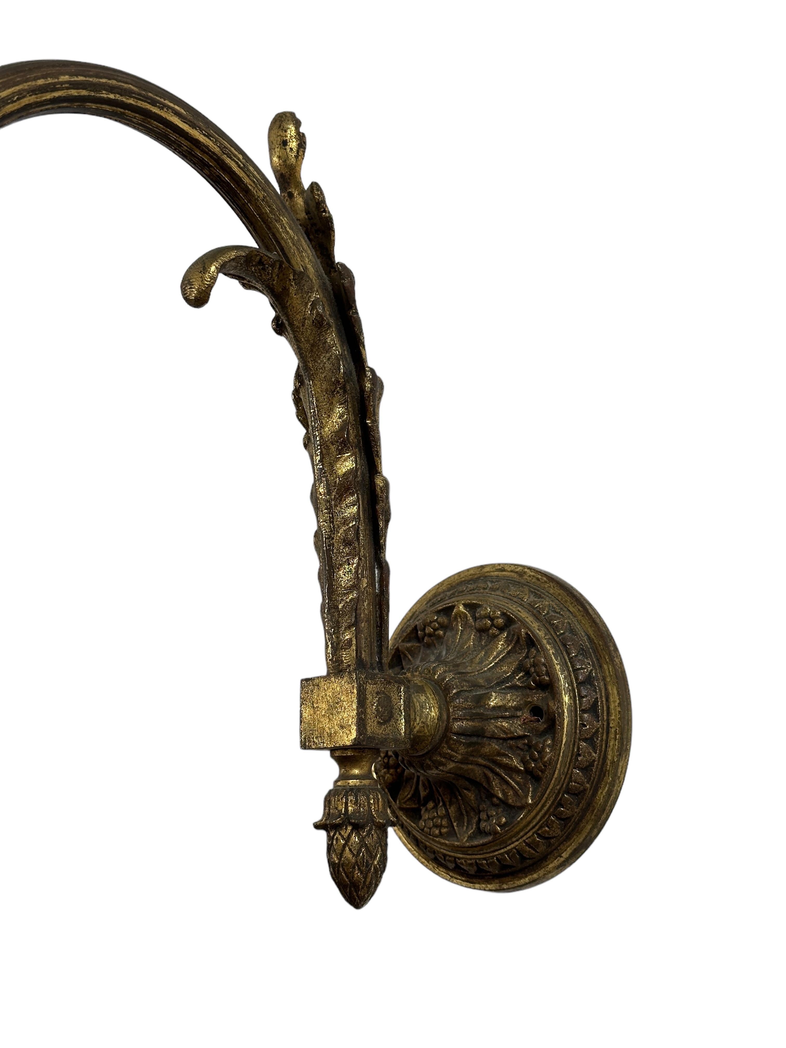 20th Century Pair Antique Vintage French Caged Gilt Bronze Holophane Wall Light Lamp Sconces For Sale