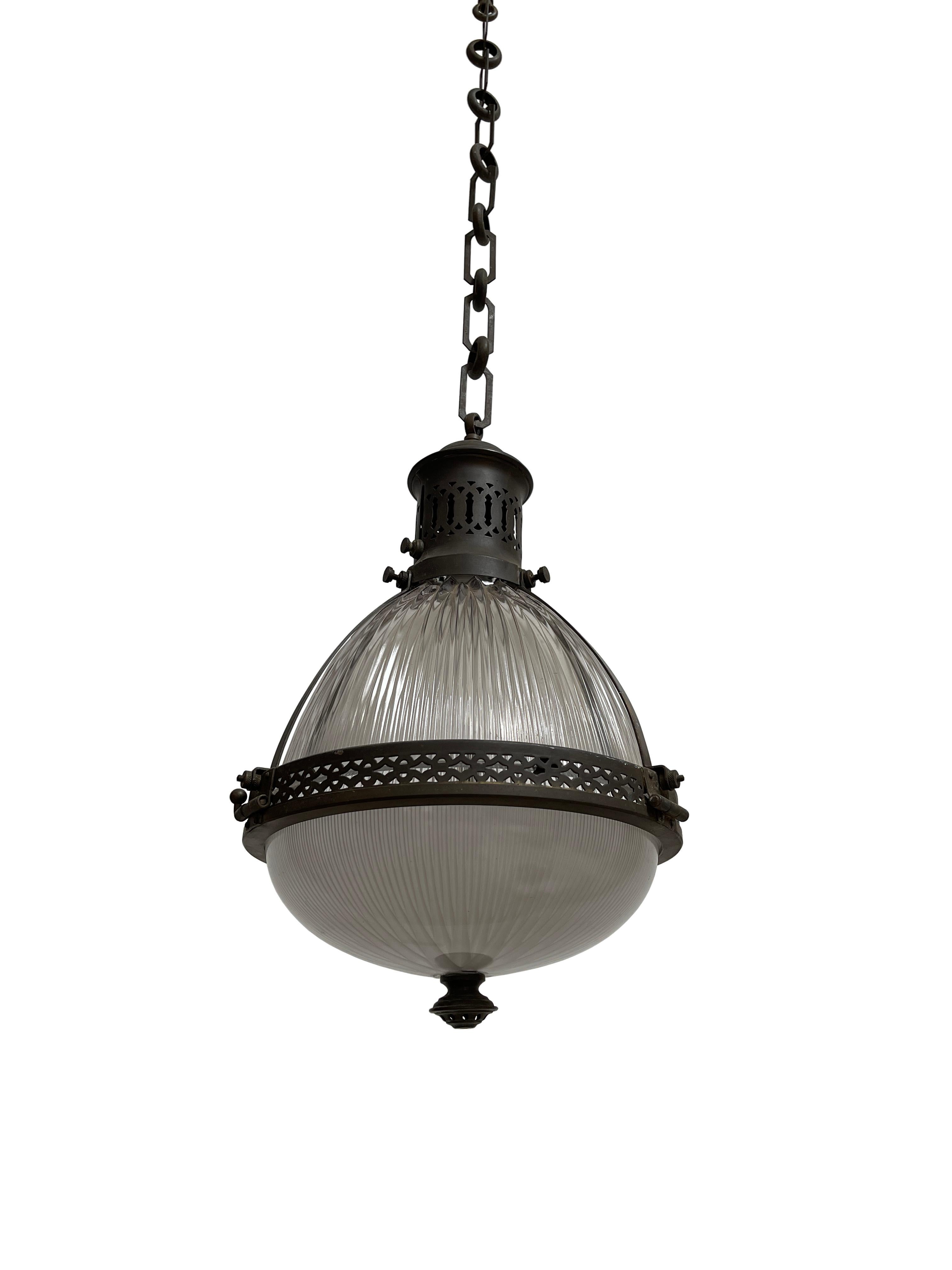 Antique Vintage French Caged Holophane Glass Ceiling Pendant Light Lamp In Good Condition In Sale, GB