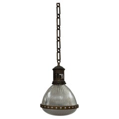 Antique Vintage French Caged Teardrop Holophane Glass Ceiling Pendant Light Lamp
