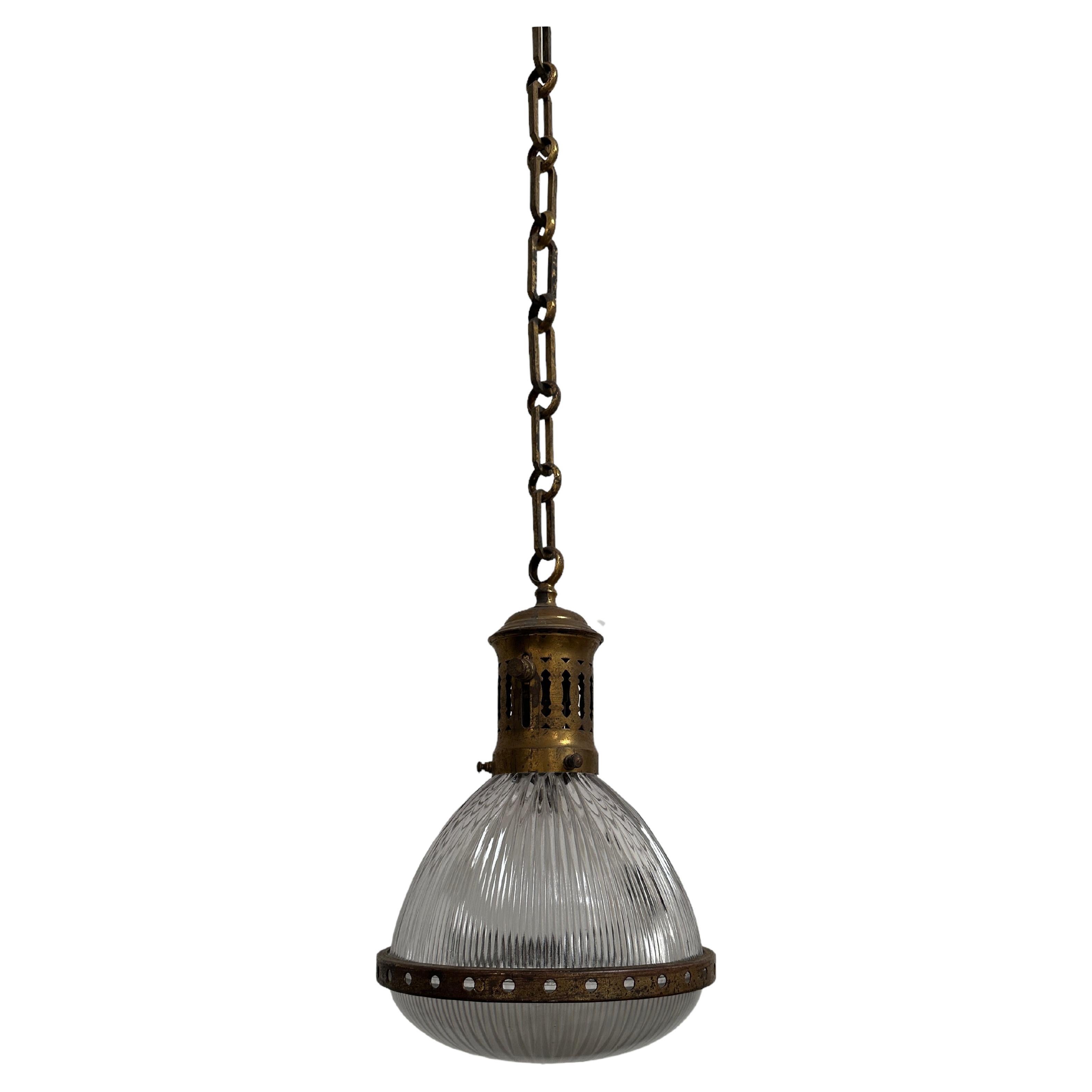 Antique Vintage Français Caged Teardrop Glass Holophane Ceiling Suspension Light Lamp en vente
