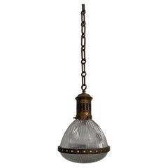 Used Vintage French Caged Teardrop Holophane Glass Ceiling Pendant Light Lamp