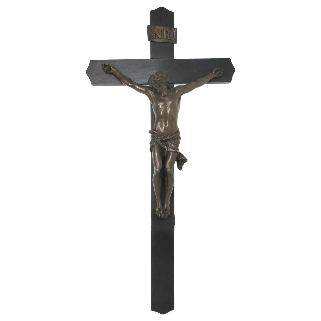 Antique Vintage French Ebonized Religious Holy Crucifix Bronze Christ Cross Inri