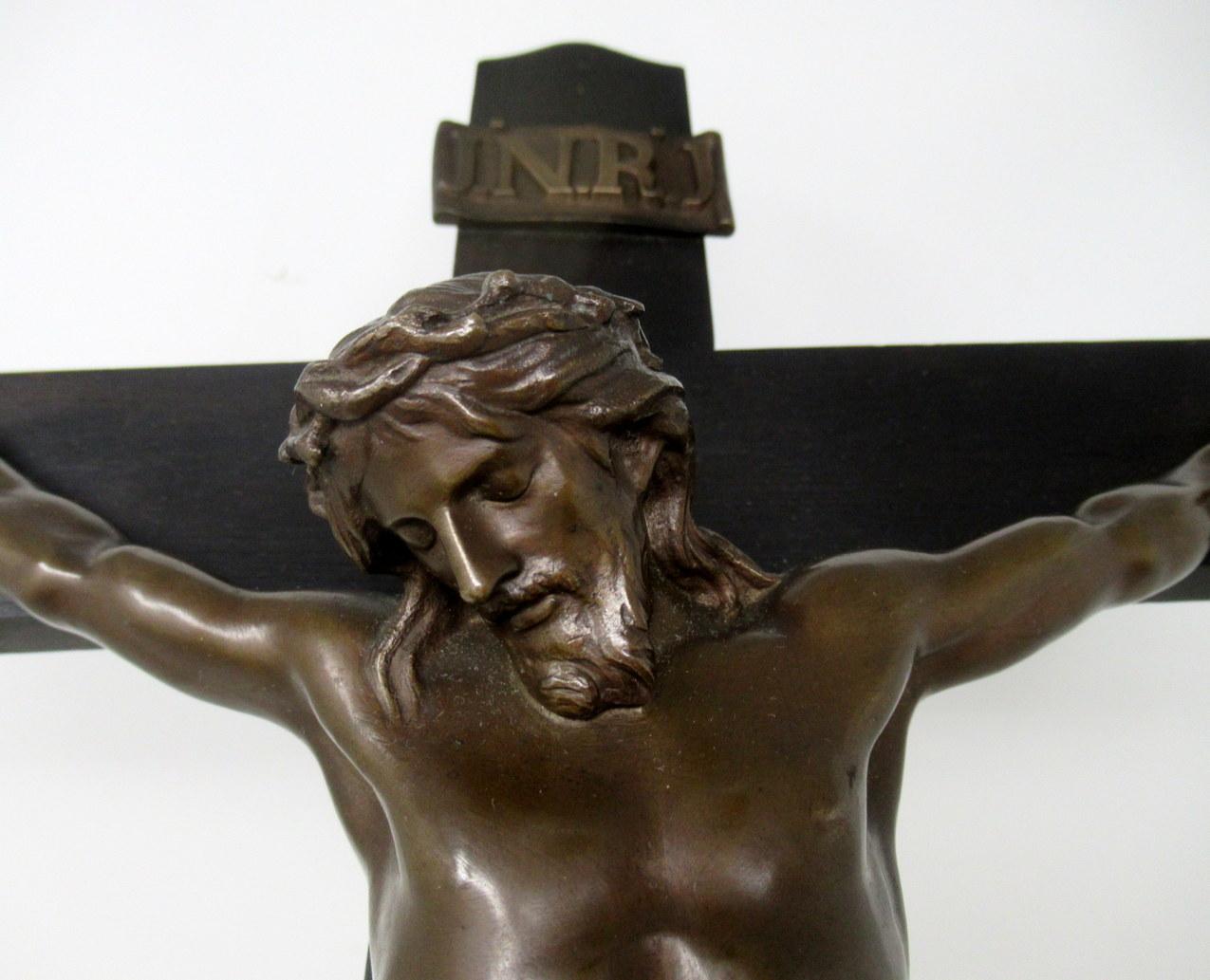 Antique Vintage French Ebonized Religious Holy Crucifix Bronze Christ Cross Inri 2